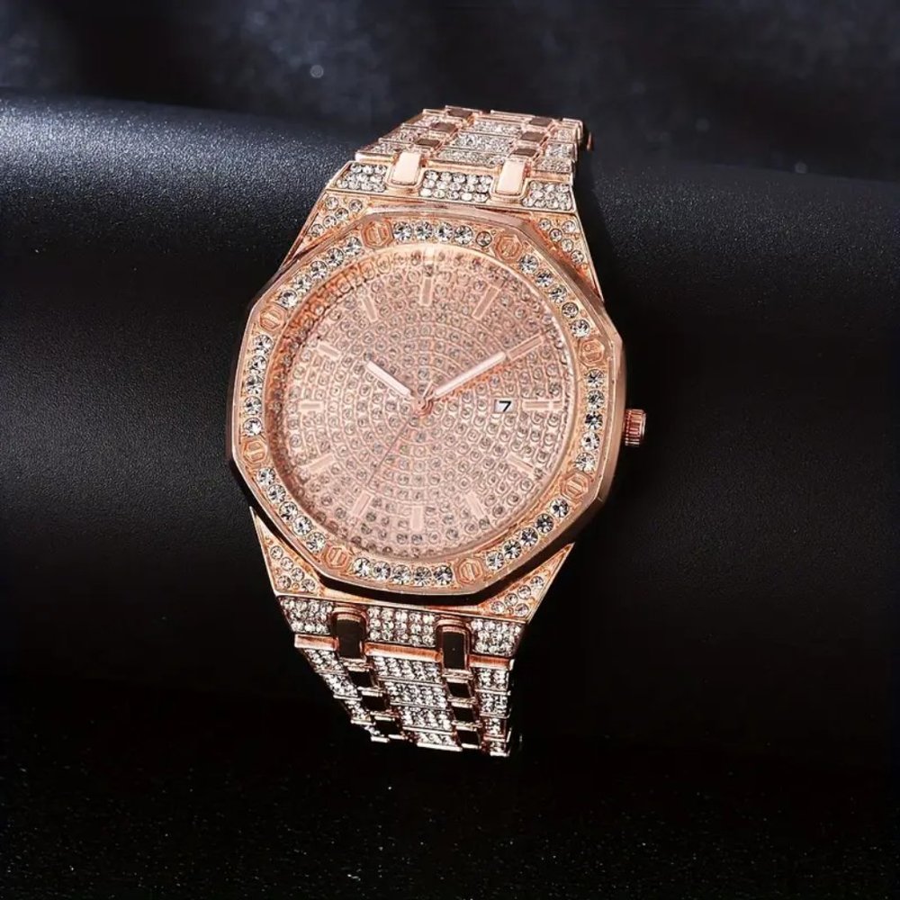 New Men's Bling Watch Big Dial Calendar Date Rose Gold Steel Band Hip Hop Watch - Picture 2 of 2